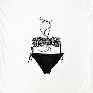 Ocean Pacific Black & White Aztec Pattern String Tie Bikini Set, Women’s XS